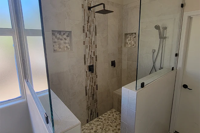 Open Marble Walk In Shower with Skylight - Transitional - Bathroom