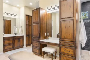a bathroom with large storage cabinets - bathroom remodeling ideas