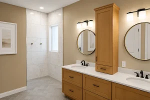 bathroom-vanity-double-sinks-shower-design-3D-rendering - Frei Remodel and Design - Frei Remodel and Design bathroom-vanity-double-sinks-shower-design-3D-rendering